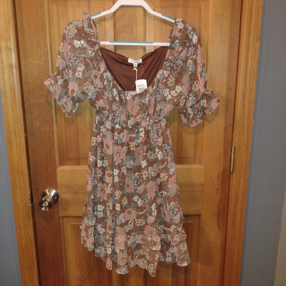 NWT blu pepper brown floral dress size L - Picture 4 of 7